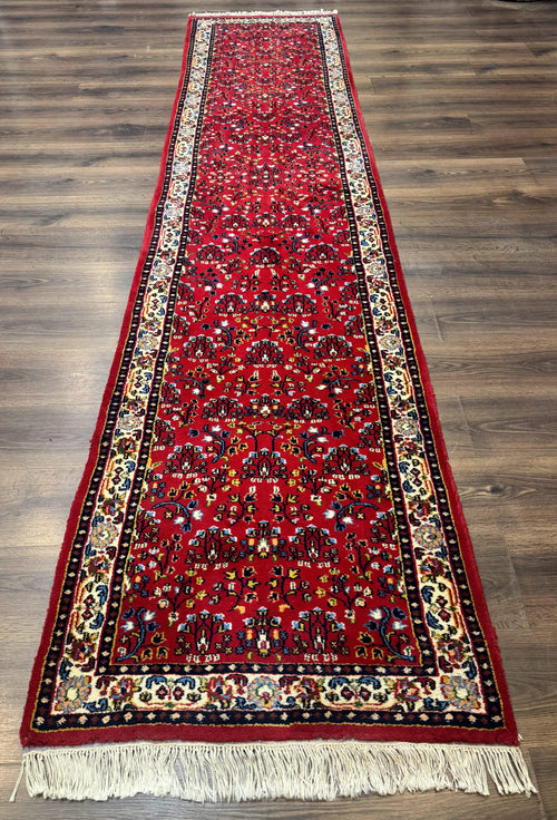Indo Persian Sarouk Runner Rug 3 x 12, Red and Cream, Allover Pattern, 12ft Runner, Hand Knotted - Nuvé