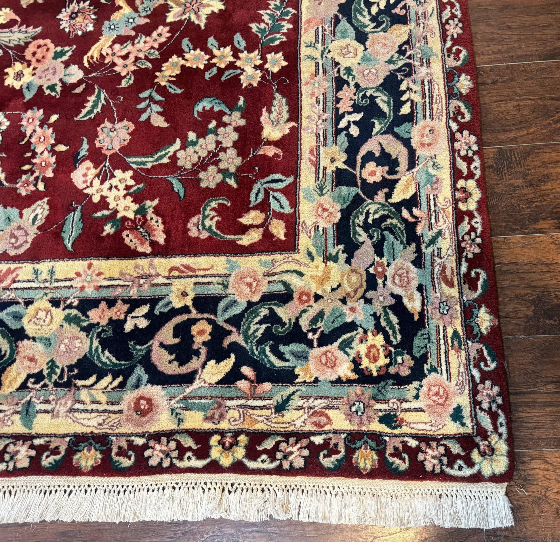 Indo Persian Rug 8x10, Floral Allover with Bird Pictorials, Maroon and Navy Blue, Handmade Wool Area Rug - Nuvé
