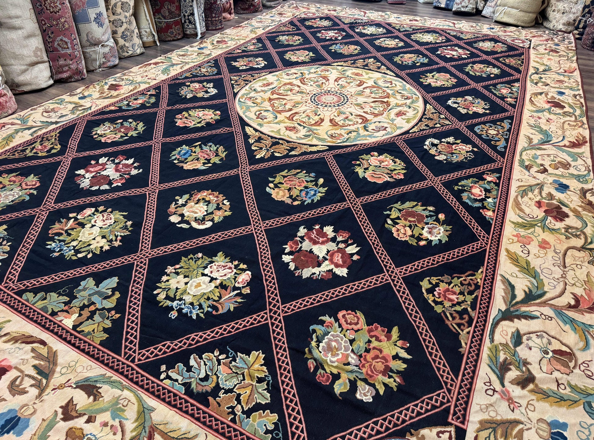 Palace Size Needlepoint Rug 12x20, European French English Aubusson Floral Design, Black and Beige - Nuvé