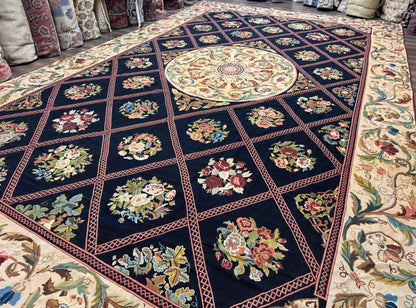 Palace Size Needlepoint Rug 12x20, European French English Aubusson Floral Design, Black and Beige - Nuvé