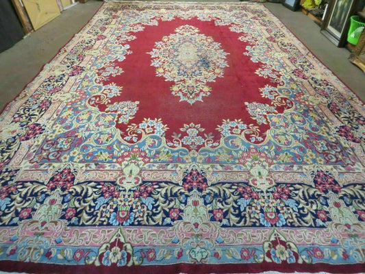 Antique Persian Kirman Rug 10x17 Oriental Carpet 10 x 17, Red, Multicolor, Namazian Signature Master Weaver, Shabby Chic, Semi Open Field - Nuvé