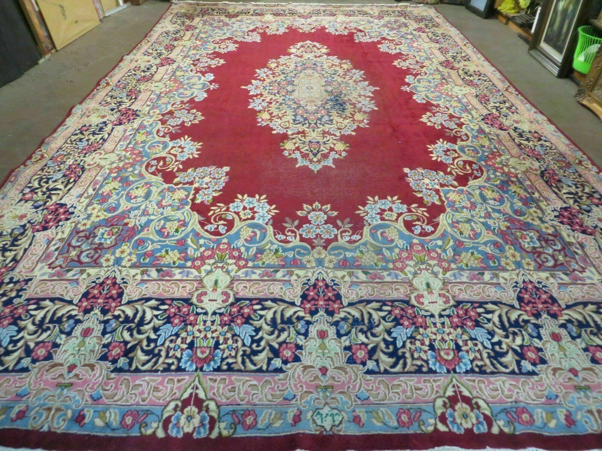Antique Persian Kirman Rug 10x17 Oriental Carpet 10 x 17, Red, Multicolor, Namazian Signature Master Weaver, Shabby Chic, Semi Open Field