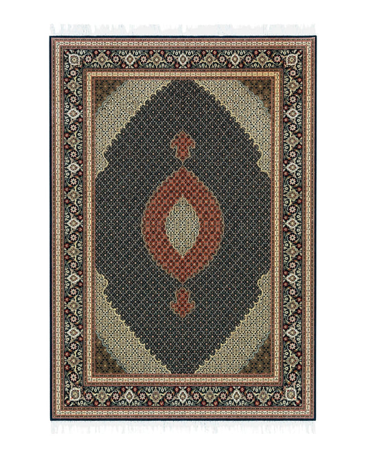 Persian Tabriz Rug 7x10, Very Fine 330 KPSI 50 Raj, Black and Beige, Handmade Wool Vintage Persian Carpet