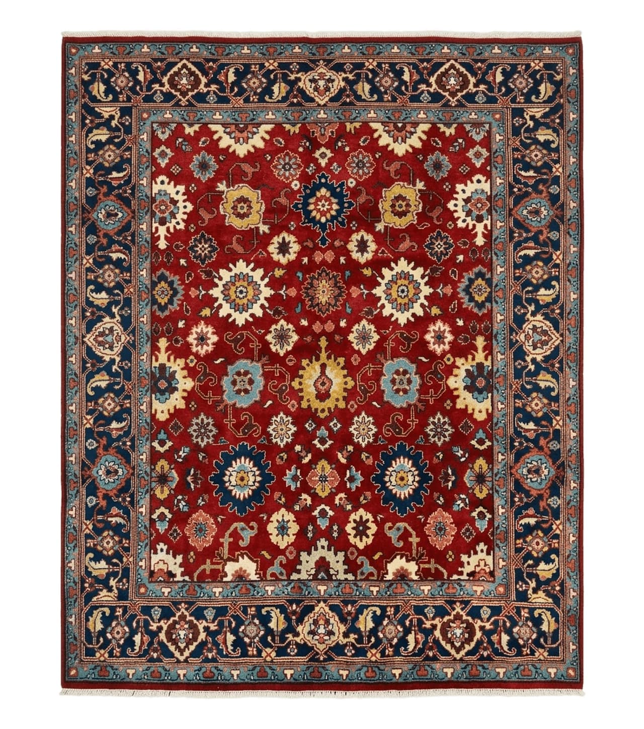 Indo Heriz Rug 8x10, Red and Navy Blue, Allover Pattern, Wool Handmade Carpet