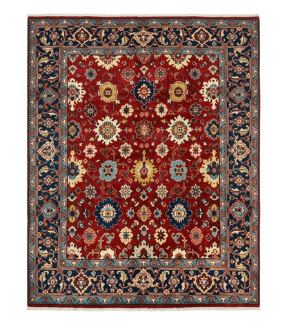 Indo Heriz Rug 8x10, Red and Navy Blue, Allover Pattern, Wool Handmade Carpet