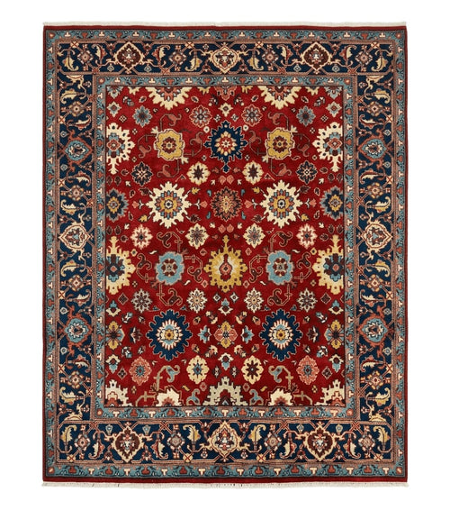 Indo Heriz Rug 8x10, Red and Navy Blue, Allover Pattern, Wool Handmade Carpet