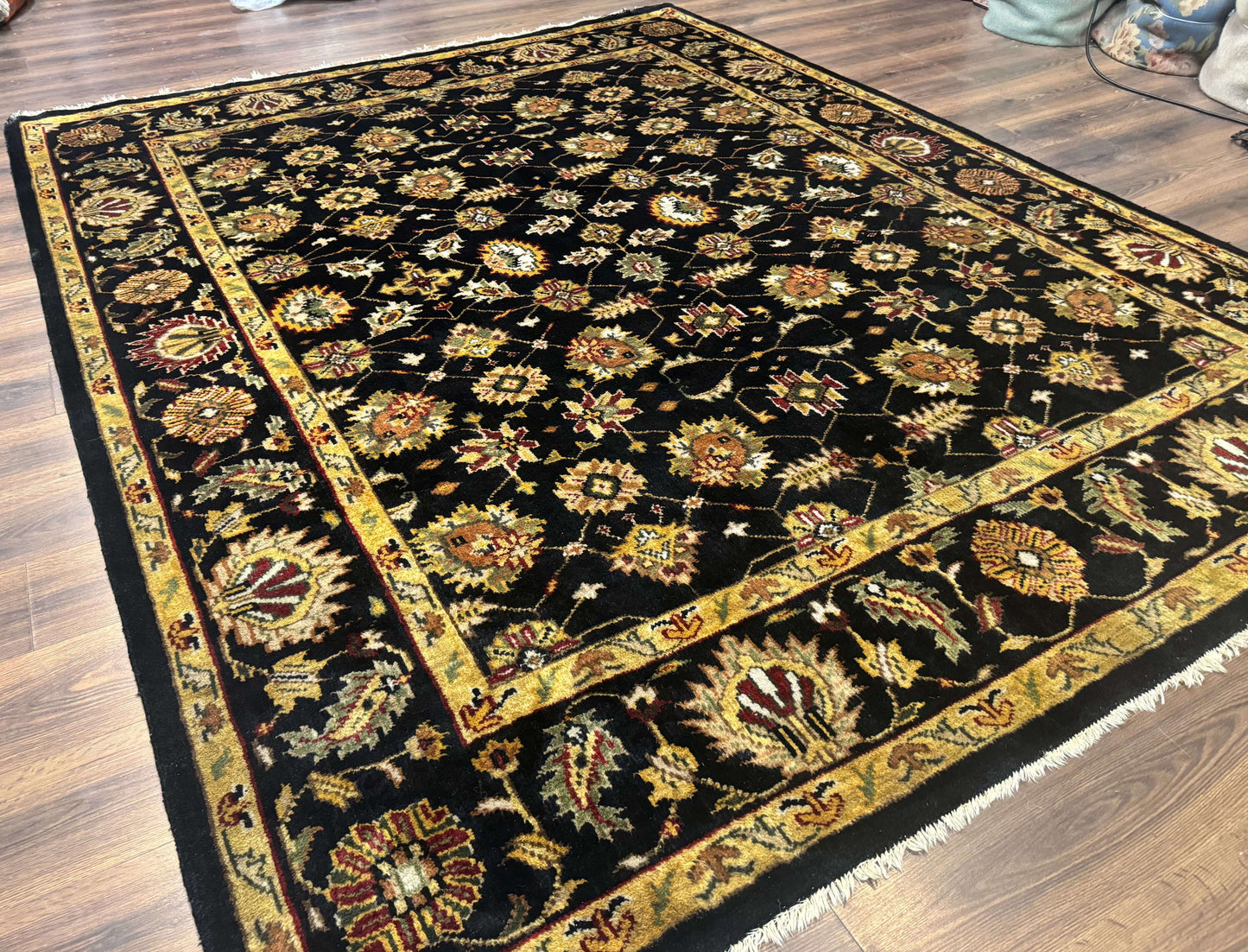 Indo Persian Mahal Rug 8x10, Black and Gold, Wool Hand Knotted Oriental Carpet - Nuvé