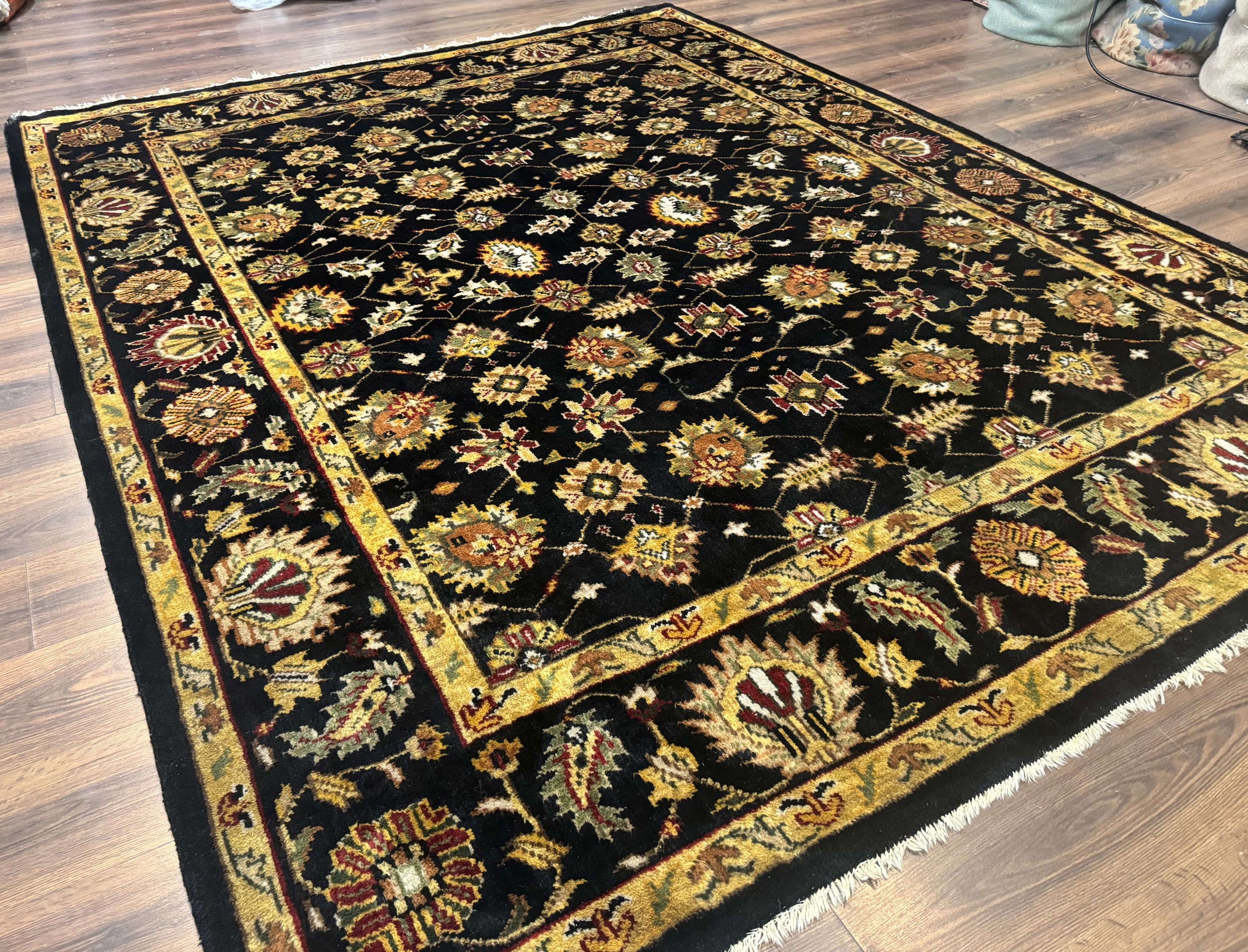 Indo Persian Mahal Rug 8x10, Black and Gold, Wool Hand Knotted Oriental Carpet - Nuvé