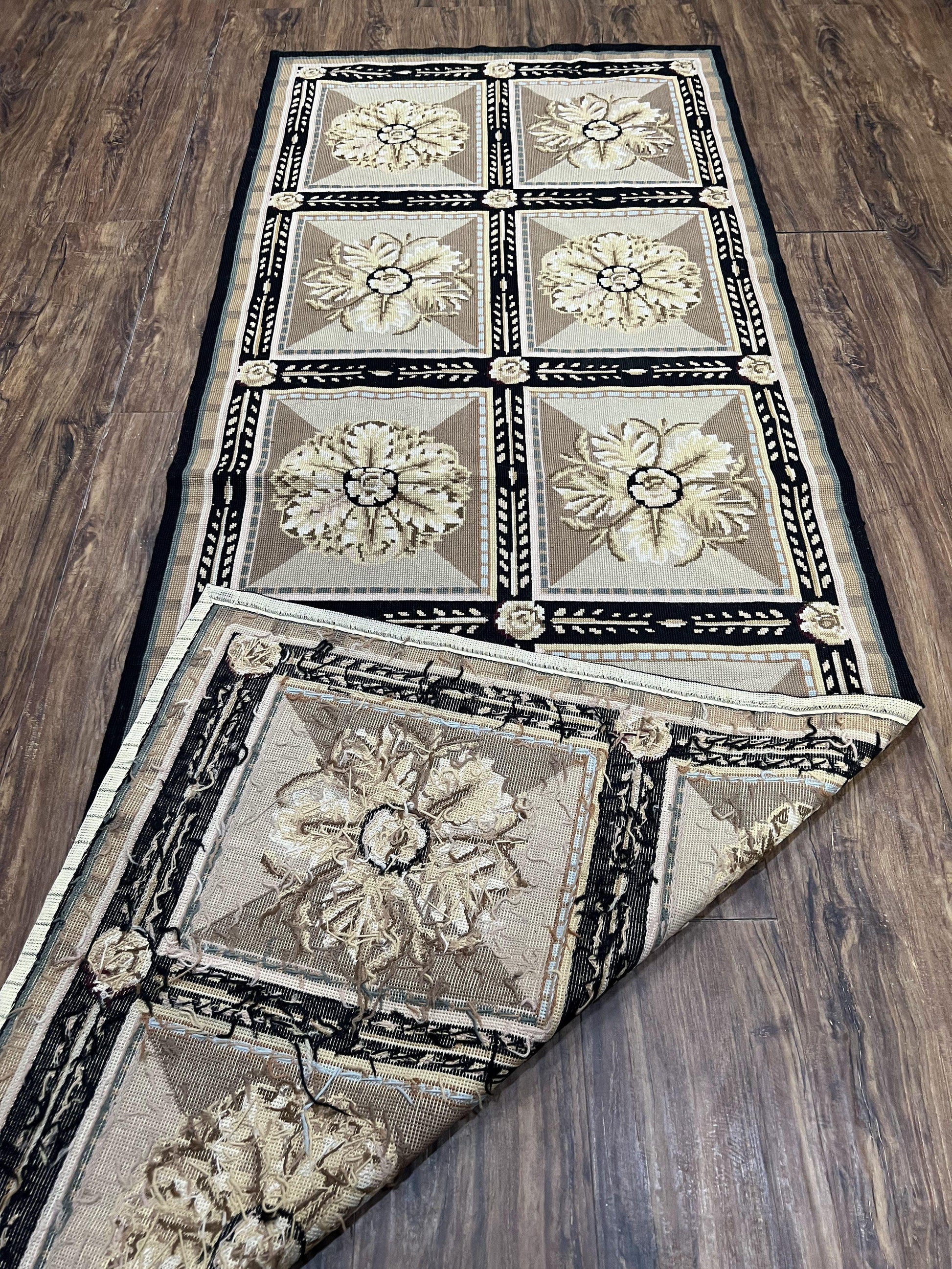 Needlepoint Runner Rug 3x8 Panel Design Rug, Flatweave Runner Rug, English Design, Floral, Short Runner Rug, Black and Beige Wool Hand-Woven - Nuvé