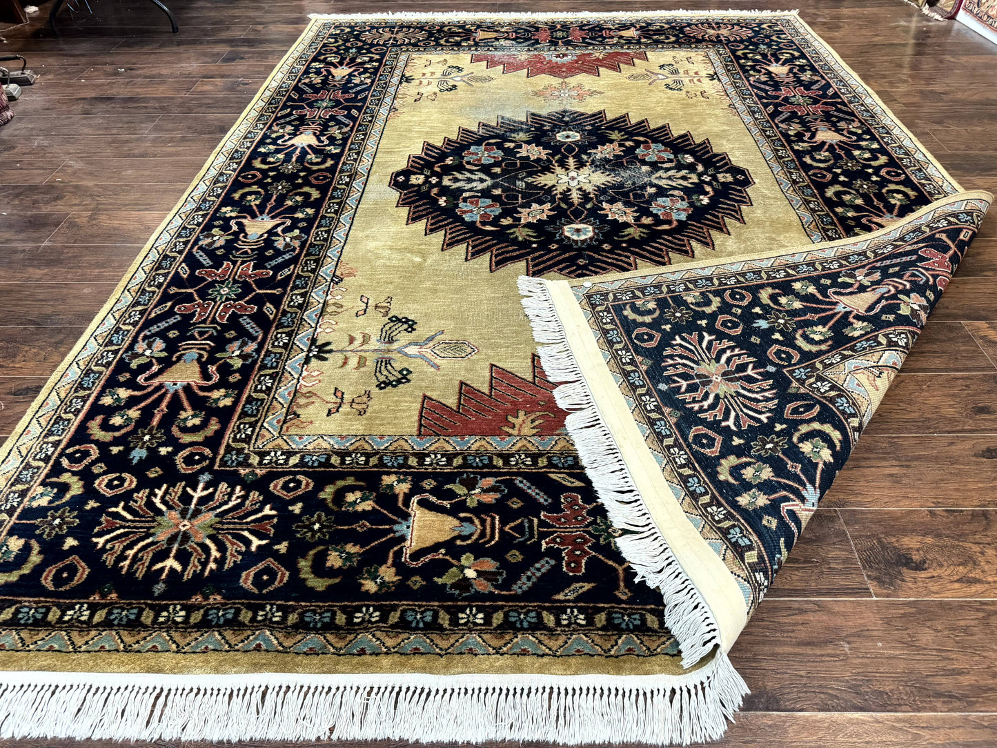 Indo Persian Heriz Rug 8x12, Camel Hair Tan and Navy Blue, Decorative - Nuvé