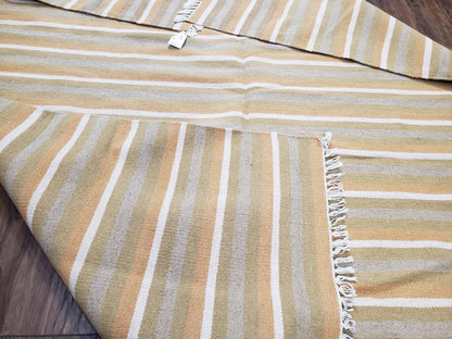New Indian Kilim Area Rug, 6x8 - 7x8 South American Style Blanket, Striped Indian Wool Hand-Woven Flat Weave 6x9 Bedroom Rug, Ivory Ochre - Nuvé