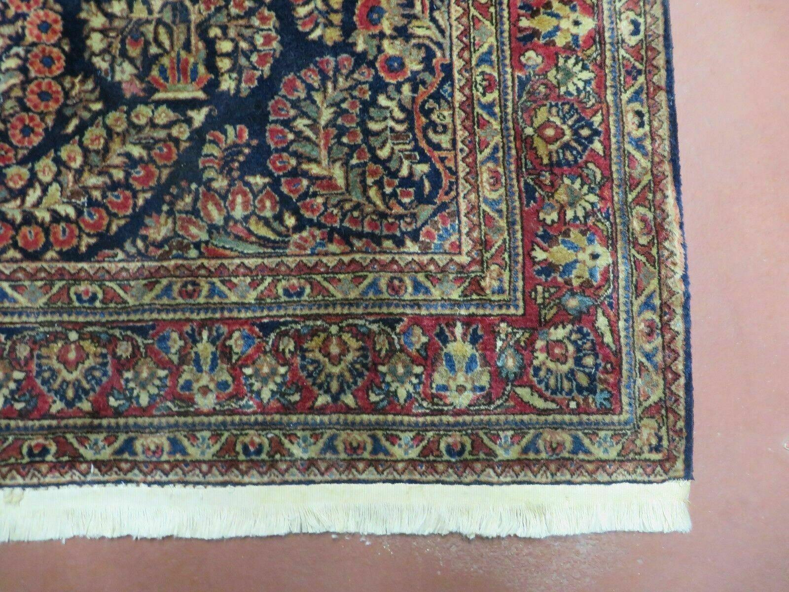 Antique Persian Sarouk Rug 4x6, Hand Knotted 1920s Oriental Carpet 4 x 6 ft, Navy Blue and Red Wool Rug, Handmade Floral Allover Persian Area Rug - Nuvé