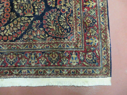 Antique Persian Sarouk Rug 4x6, Hand Knotted 1920s Oriental Carpet 4 x 6 ft, Navy Blue and Red Wool Rug, Handmade Floral Allover Persian Area Rug - Nuvé