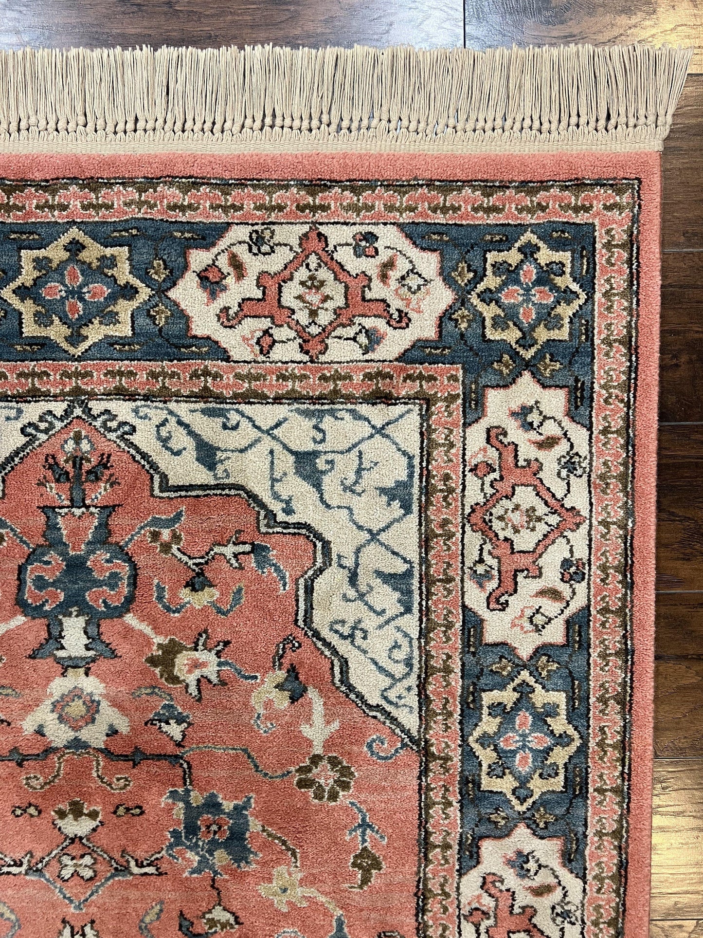 Karastan Rug 4x6 Bergama Design #737, Karastan Area Rug, Vintage Wool Karastan Carpet, Original Collection 700 Series, Salmon Red Light Blue - Nuvé