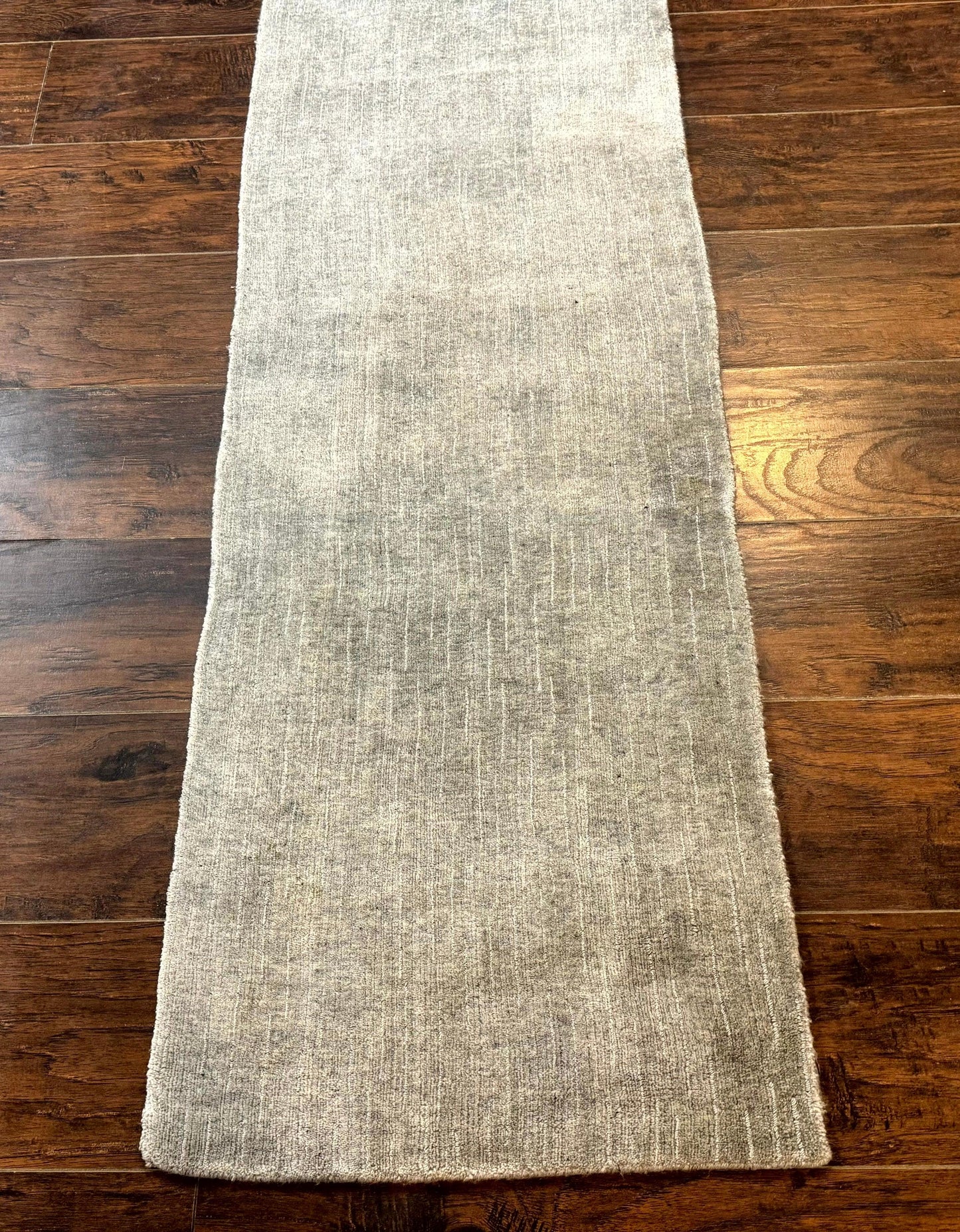 Modern Tibetan Runner Rug 1.9 x 8.6, Wool and Silk Highlights, Gray/Silver, Narrow Runner for Hallway or Kitchen - Nuvé