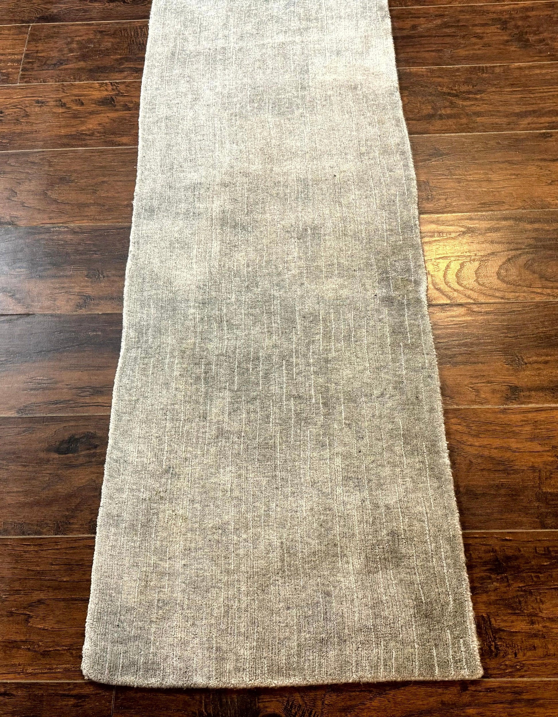 Modern Tibetan Runner Rug 1.9 x 8.6, Wool and Silk Highlights, Gray/Silver, Narrow Runner for Hallway or Kitchen - Nuvé