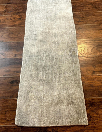 Modern Tibetan Runner Rug 1.9 x 8.6, Wool and Silk Highlights, Gray/Silver, Narrow Runner for Hallway or Kitchen - Nuvé