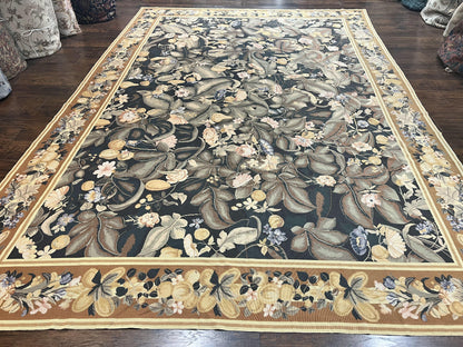 Large Needlepoint Rug 9x13, Handmade Wool Flatweave Vintage Rug, Leaves, Green - Nuvé