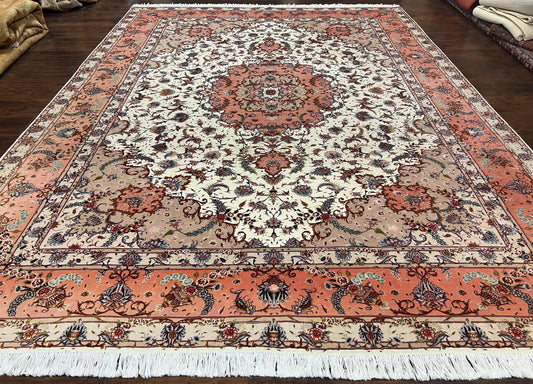Wonderful Persian Tabriz Rug 9x12, Floral Medallion, Ivory and Salmon Red, Hand Knotted, Wool with Silk Accents, Very Fine Vintage Oriental Carpet - Nuvé