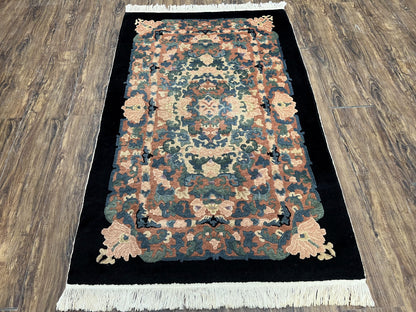 Chinese Art Deco Rug 3x5, Black and Beige Chinese Carpet 3 x 5, Vintage Rug, 1950s Rug, Floral Rug, Handmade Rug, Art Deco Rug, Wool Rug - Nuvé
