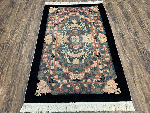Chinese Art Deco Rug 3x5, Black and Beige Chinese Carpet 3 x 5, Vintage Rug, 1950s Rug, Floral Rug, Handmade Rug, Art Deco Rug, Wool Rug - Nuvé