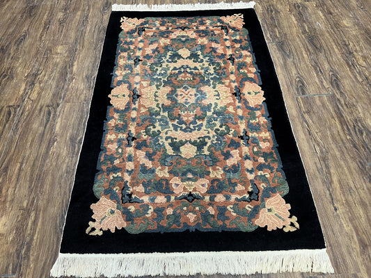 Chinese Art Deco Rug 3x5, Black and Beige Chinese Carpet 3 x 5, Vintage Rug, 1950s Rug, Floral Rug, Handmade Rug, Art Deco Rug, Wool Rug - Nuvé