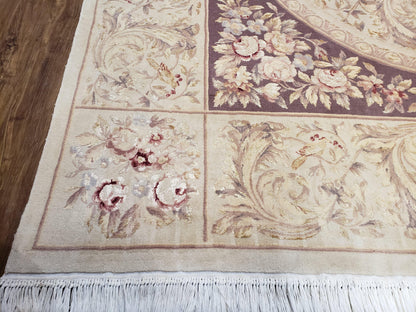 Chinese Aubusson Savonnerie Area Rug 8x12, Vintage 120 Line Carpet, Wool and Silk Hand-Knotted, Birds Flowers Master Weaver Signature - Nuvé