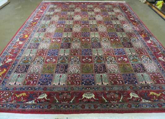 Wonderful Persian Bakhtiari Rug 8x11, Panel Design Animal Pictorials, Handmade Semi Antique Vintage Oriental Carpet, Multicolor Room Sized Wool & Silk - Nuvé