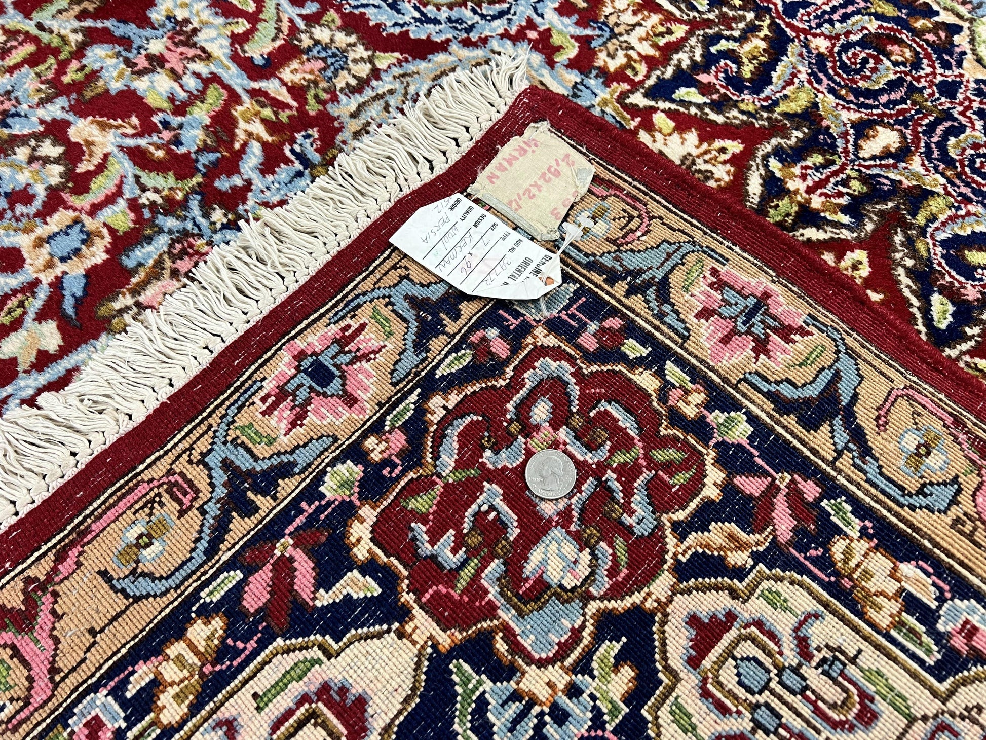 Persian Rug 7x10, Kirman Oriental Carpet 7 x 10 ft, Hand Knotted Wool Floral Medallion Semi Antique Persian Rug, Dark Red Light Blue Vintage - Nuvé