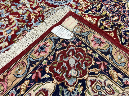 Persian Rug 7x10, Kirman Oriental Carpet 7 x 10 ft, Hand Knotted Wool Floral Medallion Semi Antique Persian Rug, Dark Red Light Blue Vintage - Nuvé
