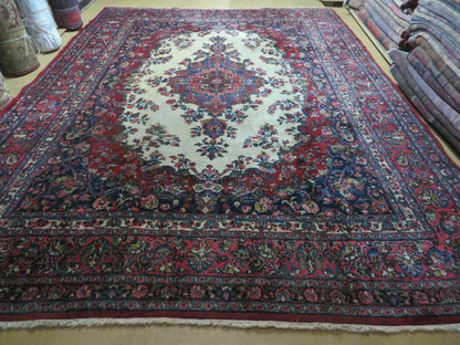 9x12 Persian Sarouk Rug - Semi Open Field Medallion Rug - Ivory Red Blue Hand Knotted Wool Oriental Carpet 9 x 12 Antique Rug - Vegetable Dyes - Nuvé