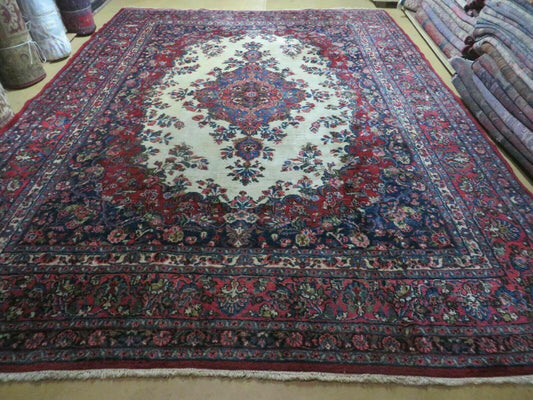 9x12 Persian Sarouk Rug - Semi Open Field Medallion Rug - Ivory Red Blue Hand Knotted Wool Oriental Carpet 9 x 12 Antique Rug - Vegetable Dyes - Nuvé