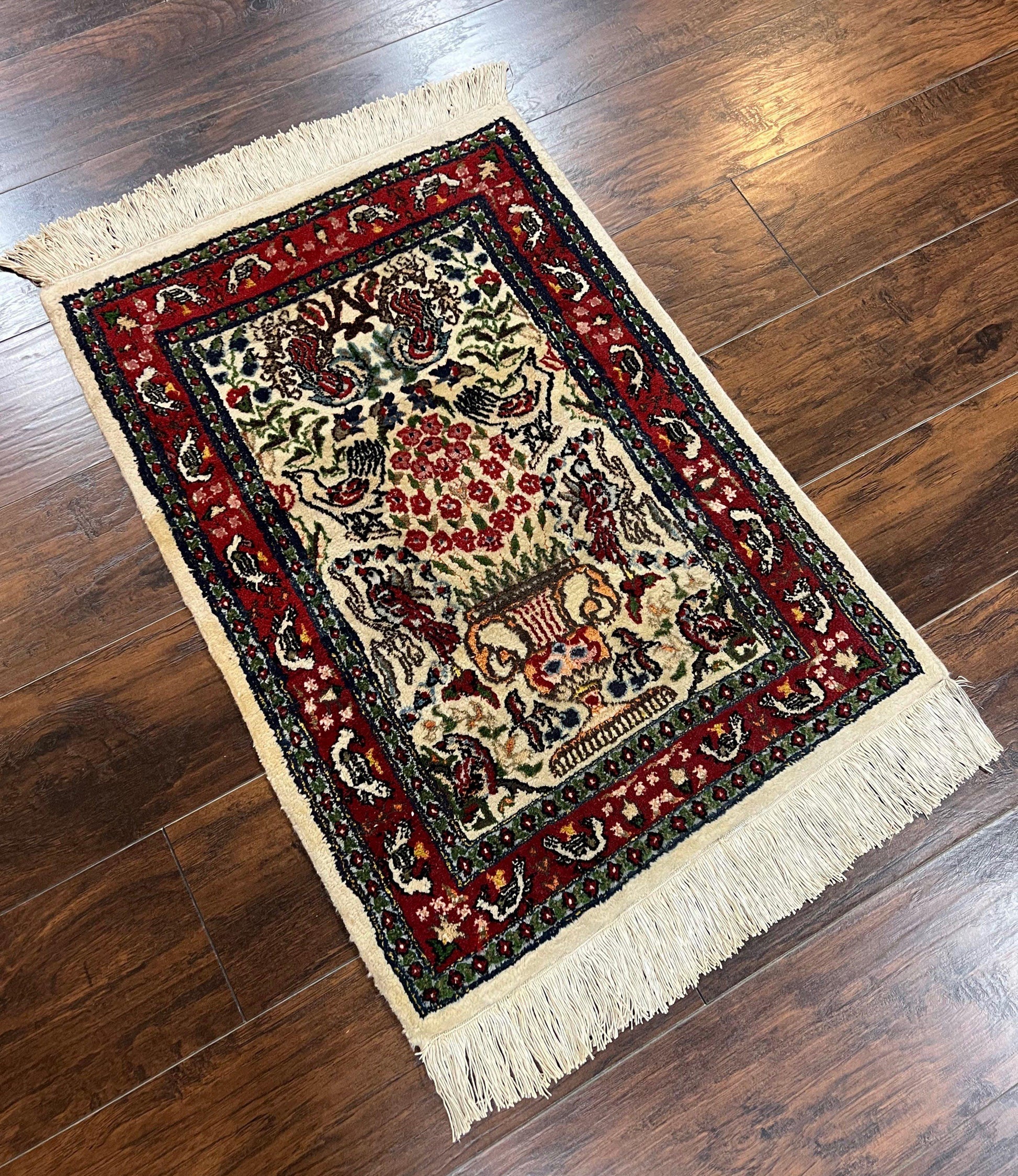 Small Indo Persian Rug 2x3 ft, Wool with Silk Highlights, Animal Pictorial Motifs Birds Vase Flowers, Cream and Maroon, Hand Knotted Fine - Nuvé