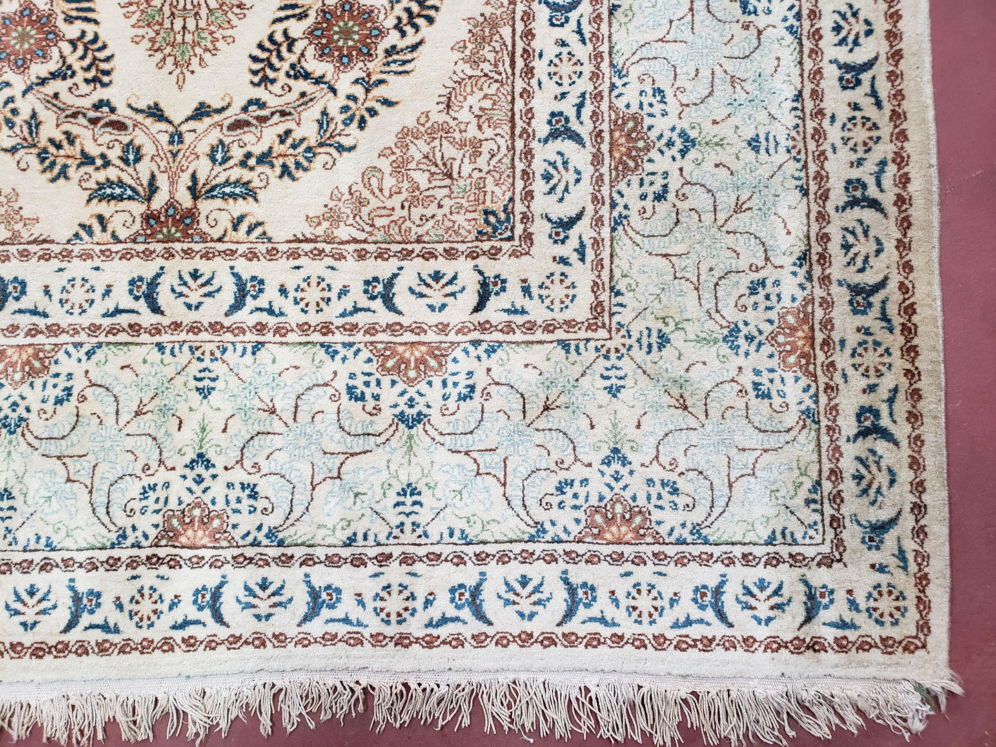 Fine Antique Persian Light Colored Kashan Carpet, 7x12, Top Quality, Rare, Ivory & Blues, Hand-Knotted, Wool - Nuvé