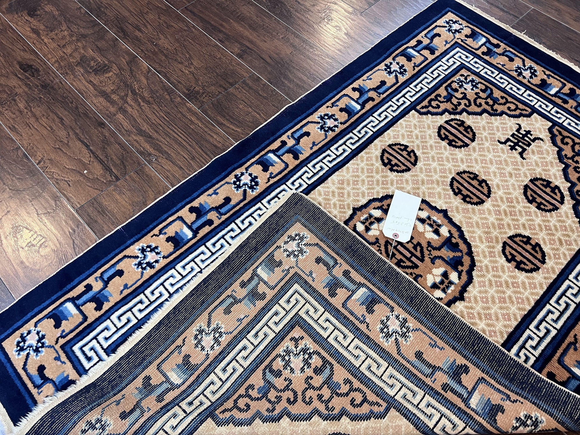 Chinese Peking Rug 3x5, Antique Chinese Art Deco Carpet, Blue Ivory Tan, Hand Knotted Wool Asian Oriental Rug 3 x 5 Vintage Small Peking Rug - Nuvé