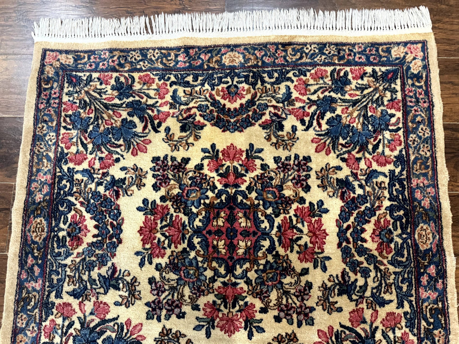 Square Persian Kerman Rug 4x4, Ivory Blue Pink, Handmade, Fine 225 KPSI - Nuvé