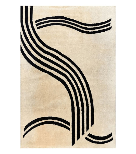Modern Rug 6x9, Cream and Black, Abstract Pattern