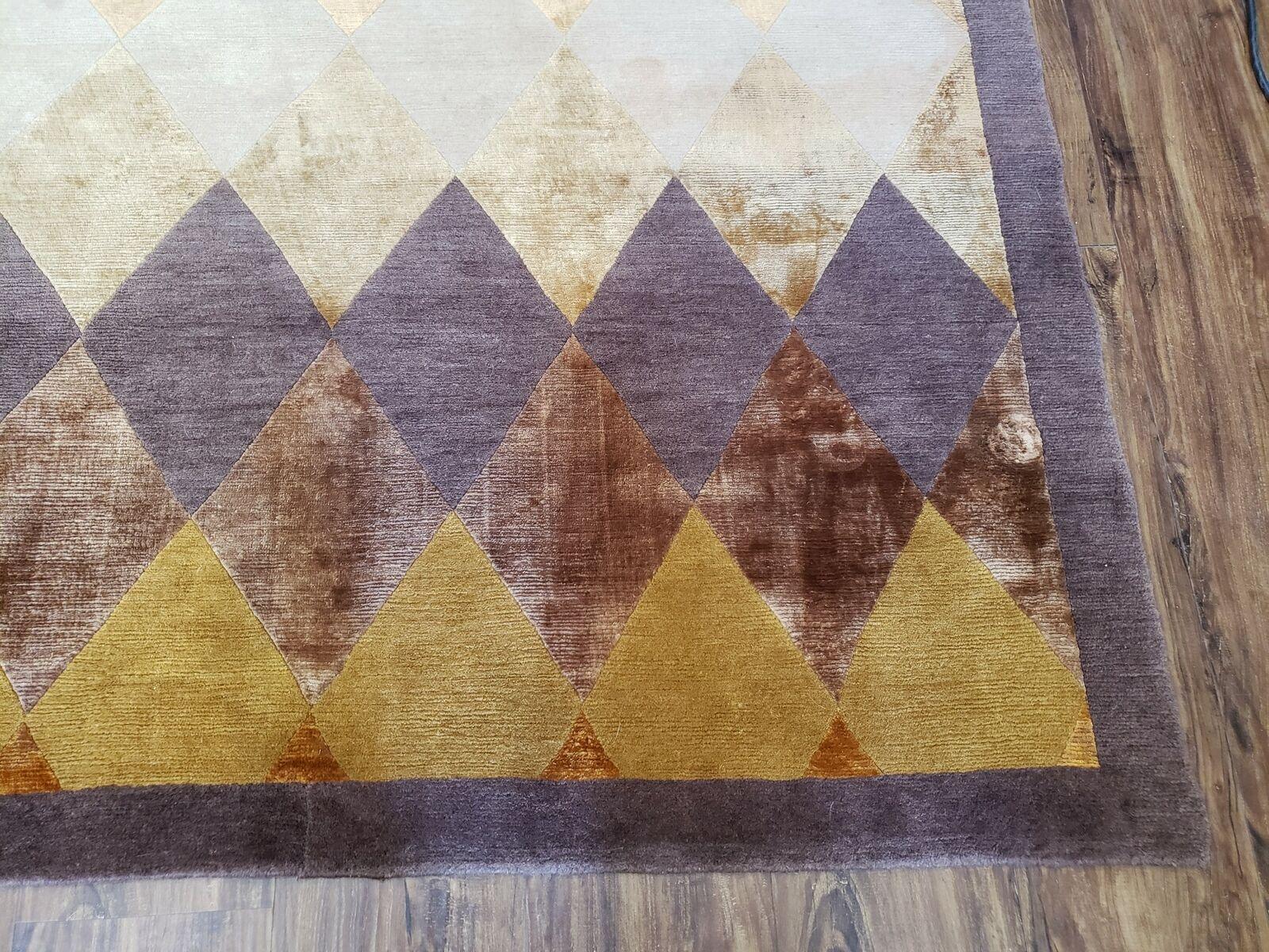 8' 6" X 11' Handmade Chinese Tibetan Nepal Silk & Wool Rug Gold Brown Tan Beige - Nuvé