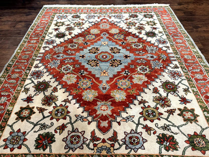 Indo Persian Heriz Rug 7x9, Geometric Pattern, Cream & Light Red, Handmade Vintage Wool Carpet - Nuvé