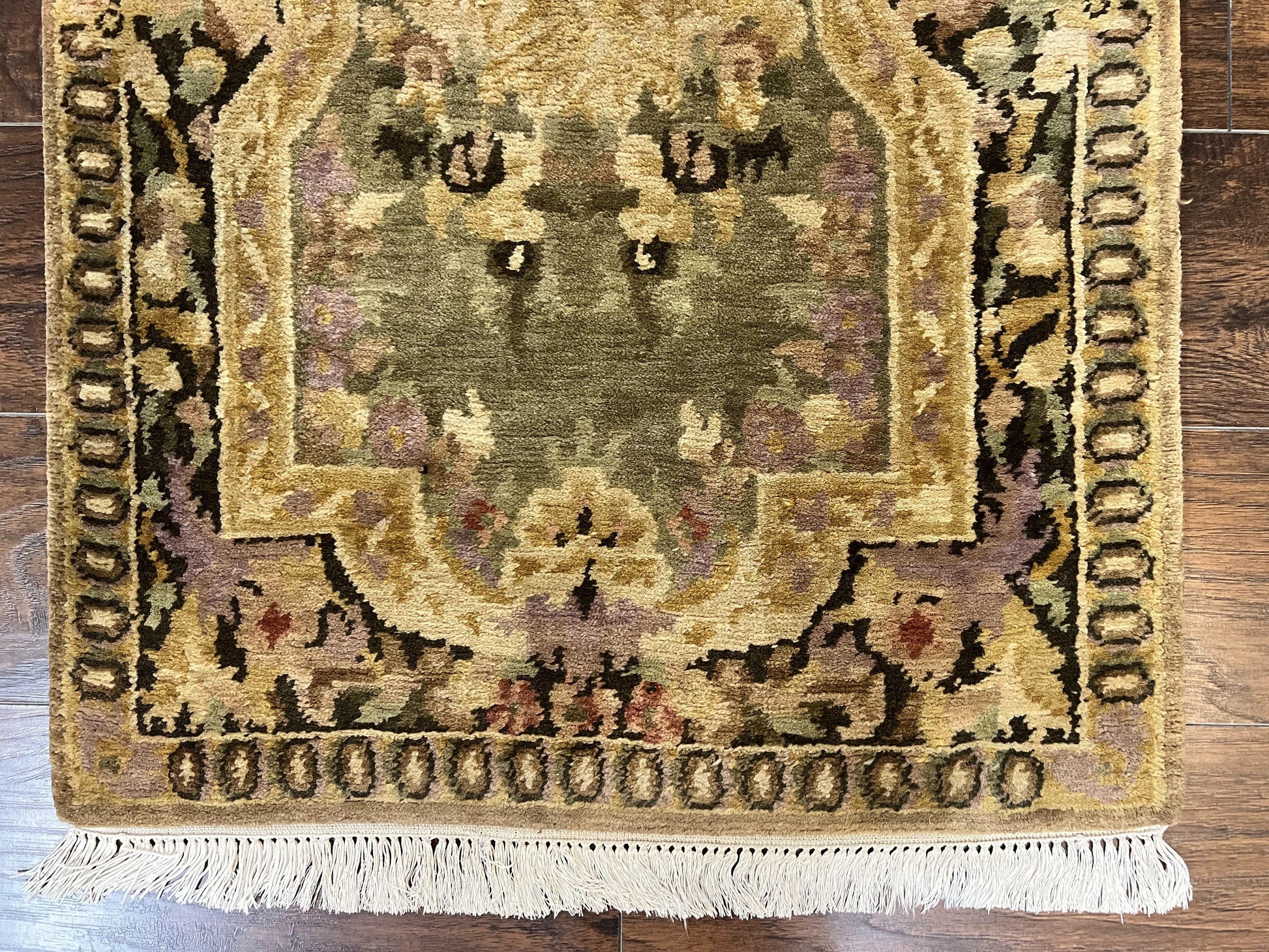 Tibetan Runner Rug 2.6 x 10, French Aubusson Pattern, Gold Olive Green, Vintage Handmade European Design, Wool Hallway Rug - Nuvé