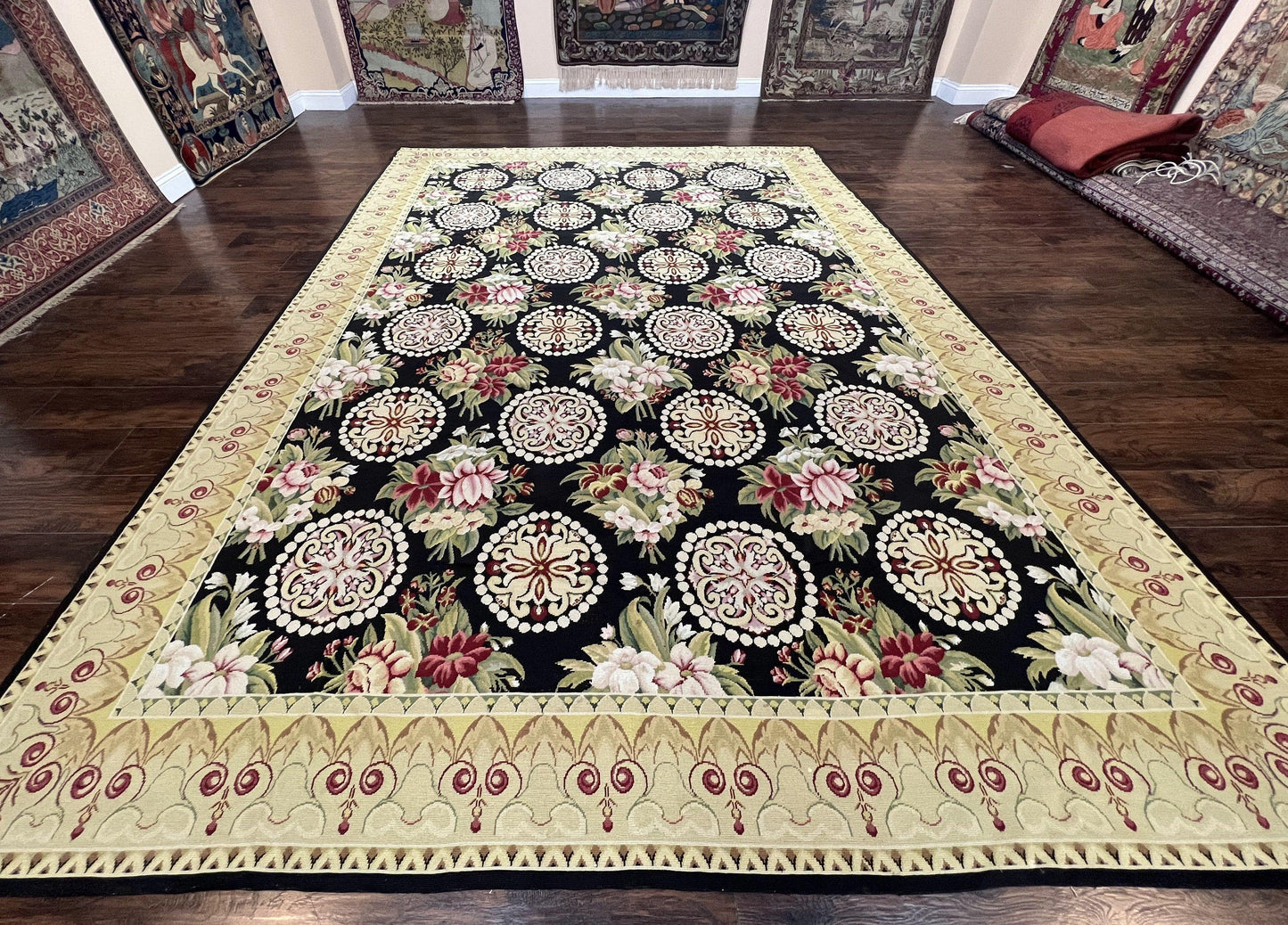 9x12 Black Needlepoint Rug, European Floral Panel Design, Handwoven, Vintage Chinese Needlepoint, Black Green Beige, Wool Rug 9 x 12 - Nuvé
