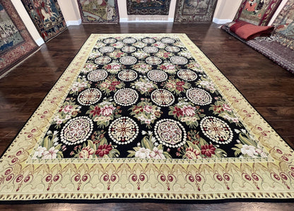 9x12 Black Needlepoint Rug, European Floral Panel Design, Handwoven, Vintage Chinese Needlepoint, Black Green Beige, Wool Rug 9 x 12 - Nuvé