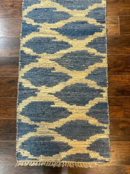 Modern Jute Runner Rug 2.9 x 7.9, Beige and Blue, Handwoven, Kaleen Rug - Nuvé