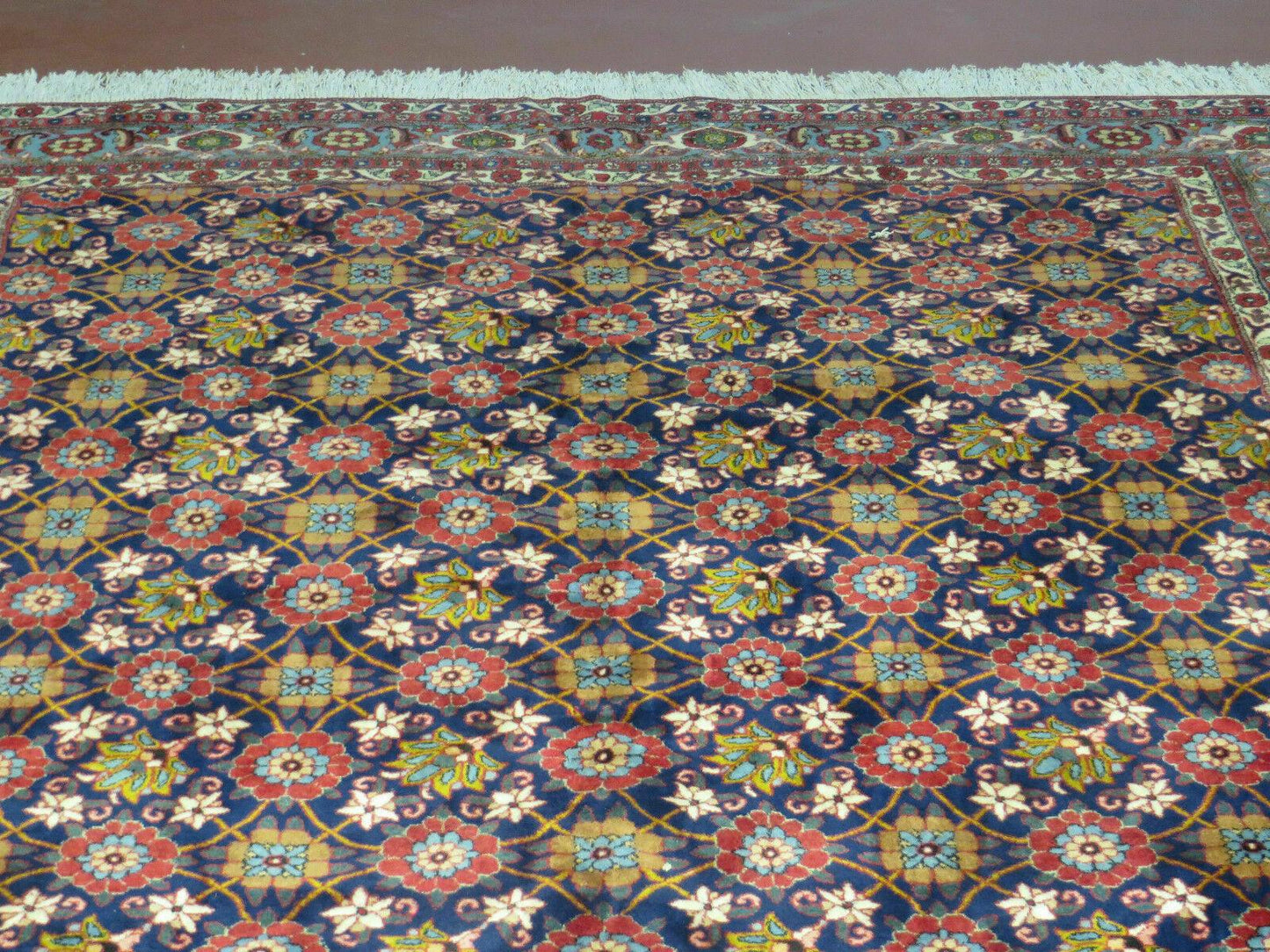 Navy Blue Antique Persian Rug 7x11, Veramin Mina Khani Repeated Allover Pattern, Vintage Authentic Hand Knotted Handmade Wool Room Sized Carpet - Nuvé