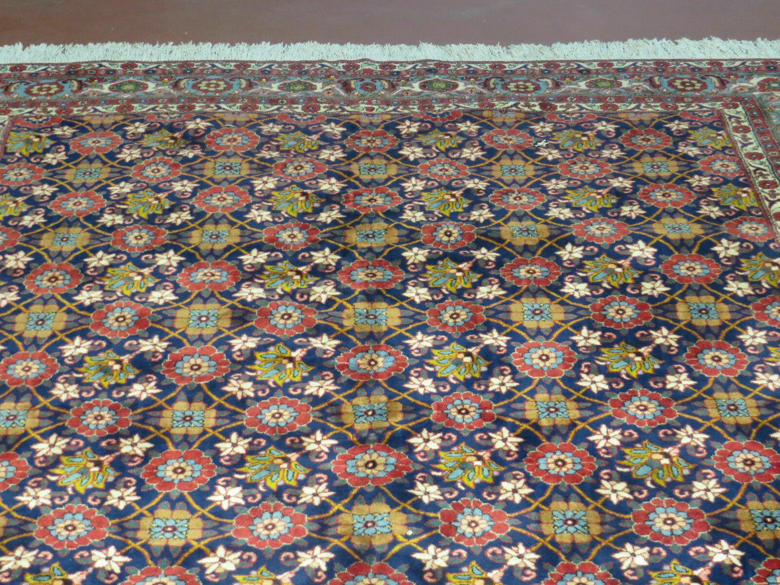 Navy Blue Antique Persian Rug 7x11, Veramin Mina Khani Repeated Allover Pattern, Vintage Authentic Hand Knotted Handmade Wool Room Sized Carpet - Nuvé