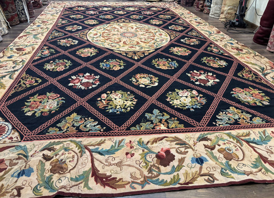 Palace Size Needlepoint Rug 12x20, European French English Aubusson Floral Design, Black and Beige - Nuvé