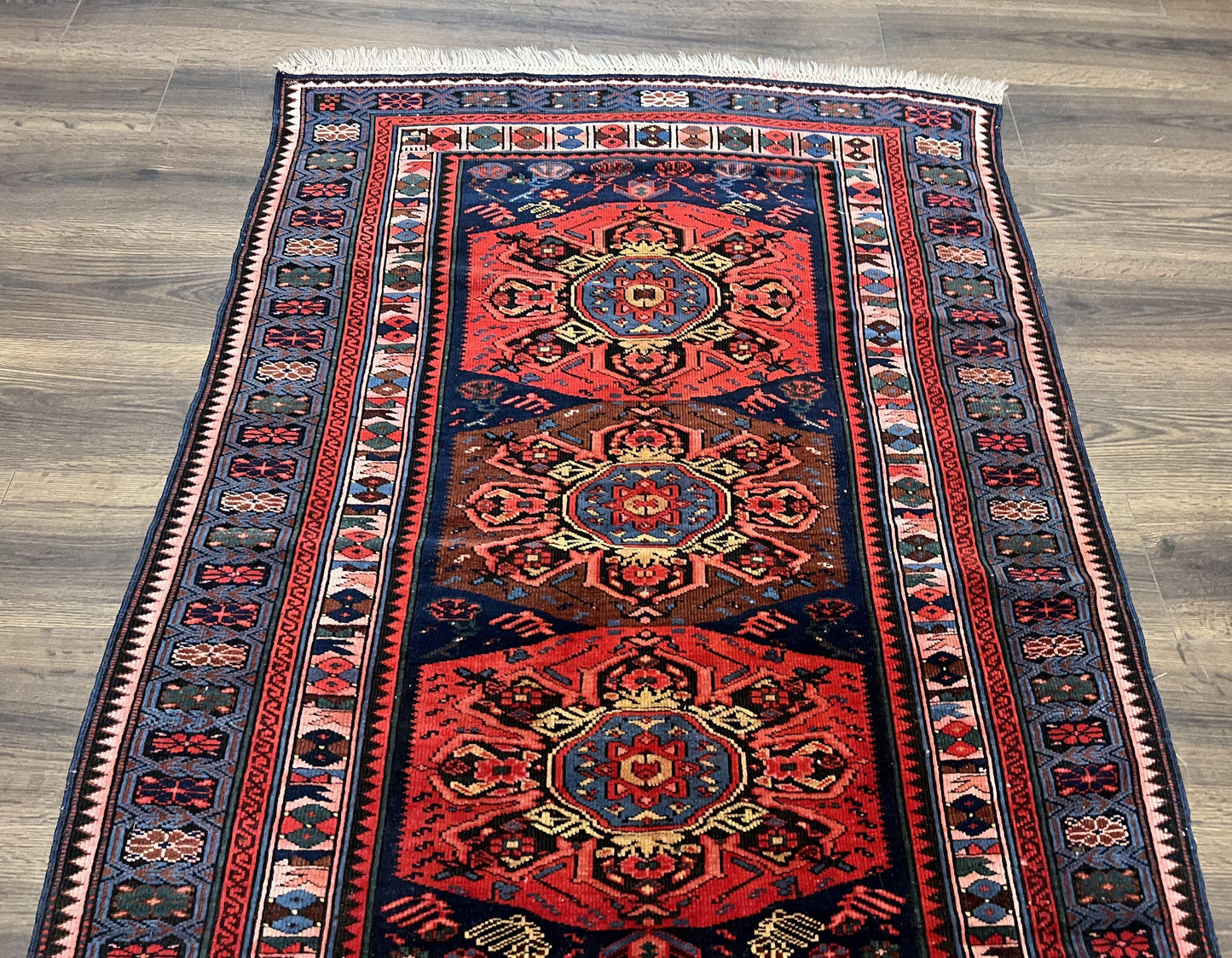 Antique Caucasian Seychour Rug 3.7 x 5.5, Collectible Oriental Carpet, Navy Blue and Red, Fine Kuba Rug, Vintage Rug, Wool Hand Knotted Rug - Nuvé