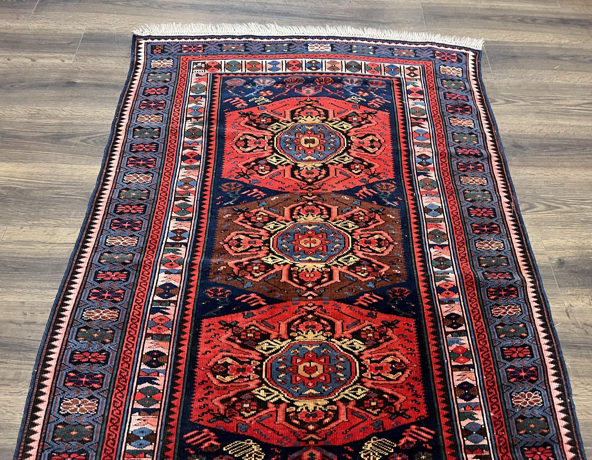 Antique Caucasian Seychour Rug 3.7 x 5.5, Collectible Oriental Carpet, Navy Blue and Red, Fine Kuba Rug, Vintage Rug, Wool Hand Knotted Rug - Nuvé