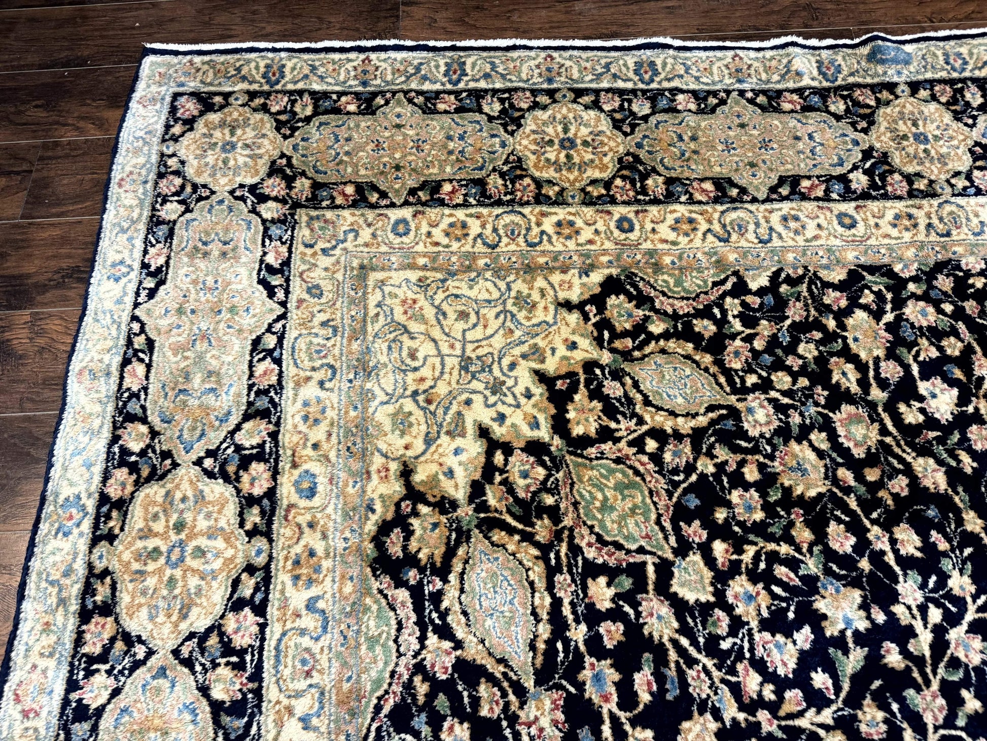 Large Persian Kerman Rug 10x14, Navy Blue and Beige, Floral Medallion, Traditional Elegant Persian Carpet, Signed by Masterweaver - Nuvé