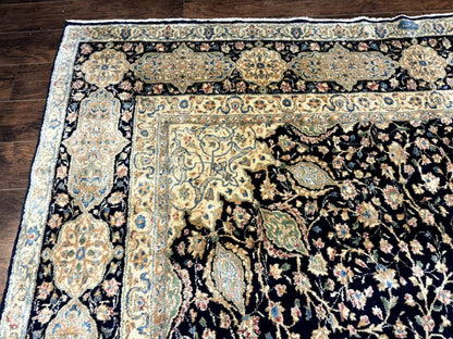 Large Persian Kerman Rug 10x14, Navy Blue and Beige, Floral Medallion, Traditional Elegant Persian Carpet, Signed by Masterweaver - Nuvé